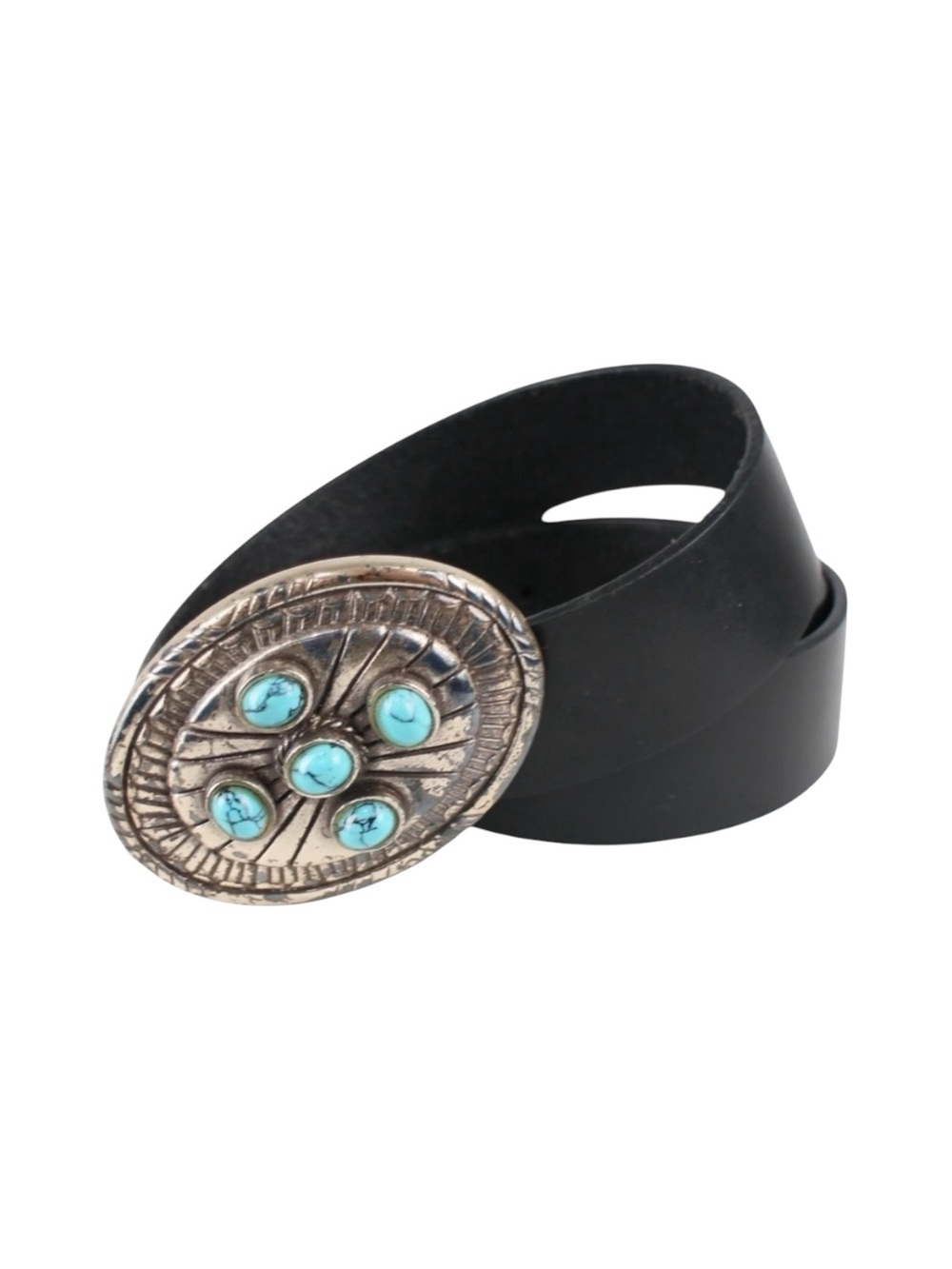 Relativity Black Leather Belt Turquoise Concho Western Silver Buckle Size 34